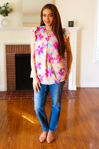 Tropical Breeze Peach Floral Banded V Neck Flutter Sleeve Top - Online Only!