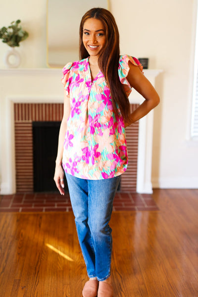 Tropical Breeze Peach Floral Banded V Neck Flutter Sleeve Top - Online Only!