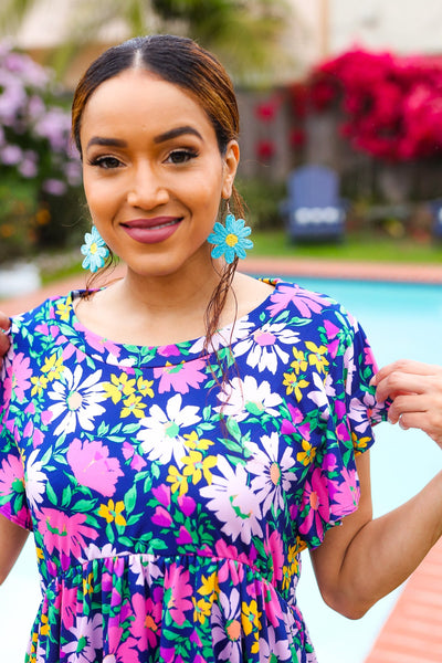 Perfectly You Navy & Lilac Floral Print Ruffle Sleeve Babydoll Top - Online Only!