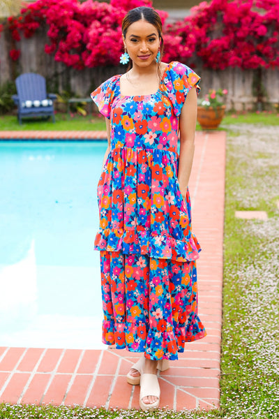 Follow Me Aqua Floral Print Square Neck Tiered Ruffle Maxi Dress - Online Only!