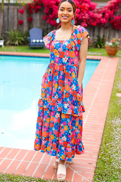 Follow Me Aqua Floral Print Square Neck Tiered Ruffle Maxi Dress - Online Only!