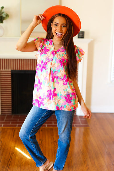 Tropical Breeze Peach Floral Banded V Neck Flutter Sleeve Top - Online Only!