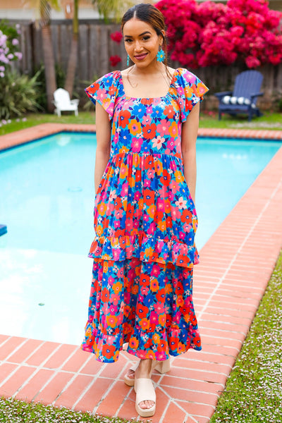 Follow Me Aqua Floral Print Square Neck Tiered Ruffle Maxi Dress - Online Only!