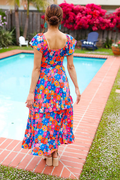 Follow Me Aqua Floral Print Square Neck Tiered Ruffle Maxi Dress - Online Only!