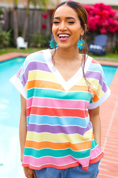 Sieze The Day Rainbow Striped V Neck Drop Shoulder Thermal Knit Top - Online Only!