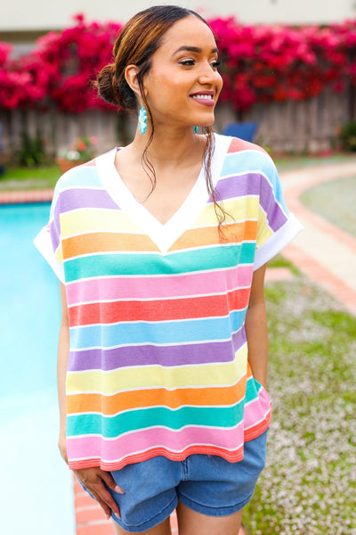 Sieze The Day Rainbow Striped V Neck Drop Shoulder Thermal Knit Top - Online Only!