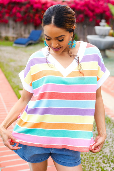 Sieze The Day Rainbow Striped V Neck Drop Shoulder Thermal Knit Top - Online Only!