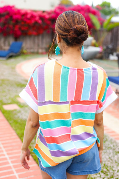 Sieze The Day Rainbow Striped V Neck Drop Shoulder Thermal Knit Top - Online Only!