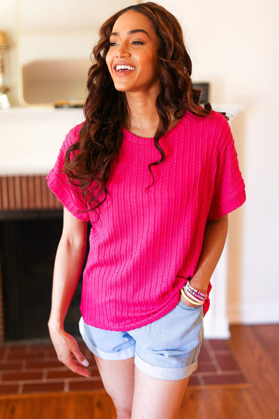 Be Your Best Fuchsia Cable Knit Dolman Short Sleeve Sweater Top - Online Only!