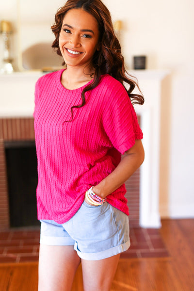 Be Your Best Fuchsia Cable Knit Dolman Short Sleeve Sweater Top - Online Only!