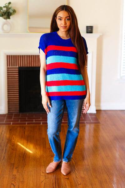 Forget Me Not Royal Blue Stripe Short Sleeve Dolman Sweater - Online Only!