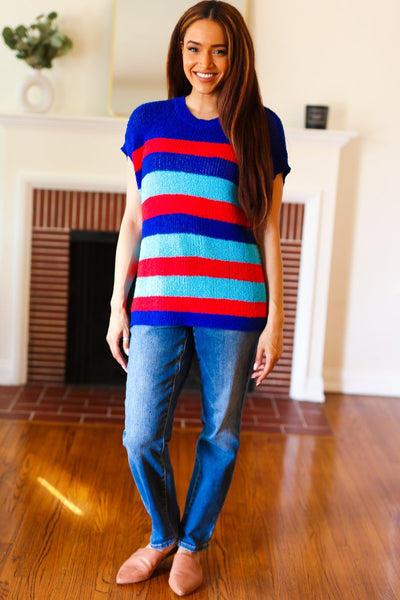 Forget Me Not Royal Blue Stripe Short Sleeve Dolman Sweater - Online Only!