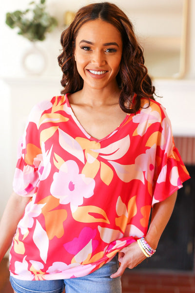 Tropical Vibes Peach Floral Dolman Ruffle Frill Sleeve Blouse - Online Only!