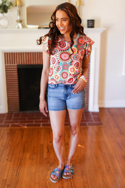 You Got This Mint Medallion Crochet Print Ruffle Sleeve Top - Online Only!