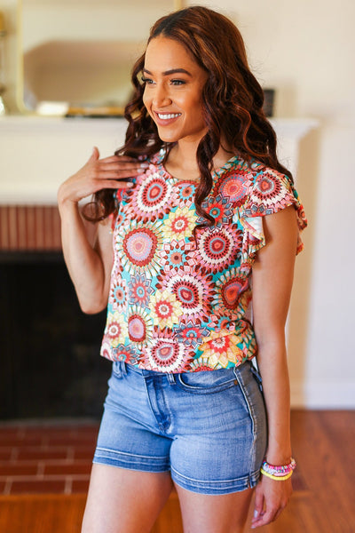 You Got This Mint Medallion Crochet Print Ruffle Sleeve Top - Online Only!