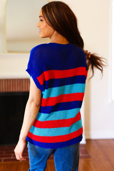 Forget Me Not Royal Blue Stripe Short Sleeve Dolman Sweater - Online Only!