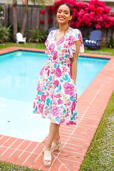 Hello Beautiful Ivory & Fuchsia Floral Sequin Smock Waist Midi Dress - Online Only!