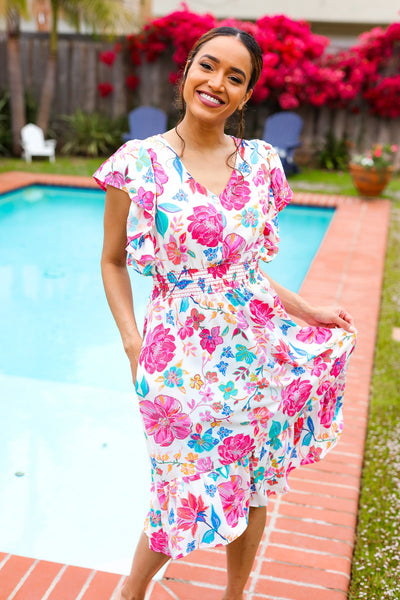 Hello Beautiful Ivory & Fuchsia Floral Sequin Smock Waist Midi Dress - Online Only!