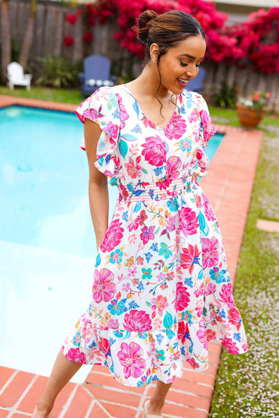 Hello Beautiful Ivory & Fuchsia Floral Sequin Smock Waist Midi Dress - Online Only!