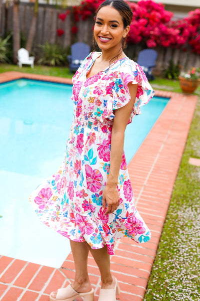 Hello Beautiful Ivory & Fuchsia Floral Sequin Smock Waist Midi Dress - Online Only!