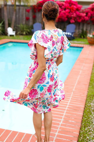 Hello Beautiful Ivory & Fuchsia Floral Sequin Smock Waist Midi Dress - Online Only!