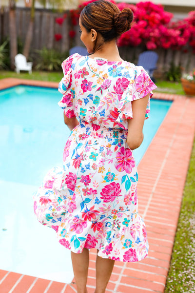 Hello Beautiful Ivory & Fuchsia Floral Sequin Smock Waist Midi Dress - Online Only!