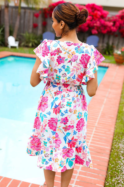 Hello Beautiful Ivory & Fuchsia Floral Sequin Smock Waist Midi Dress - Online Only!