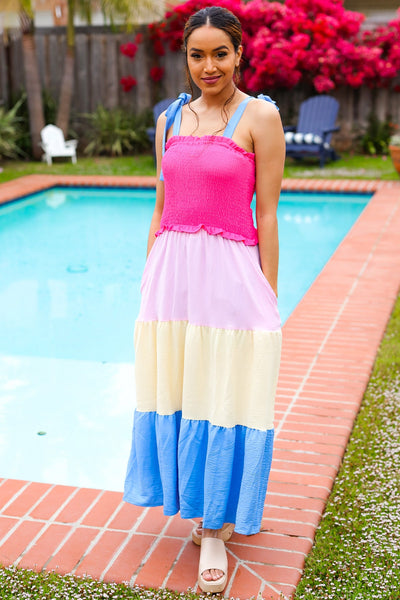 Vacay Vibes Hot Pink & Blue Smocked Color Block Maxi Dress - Online Only!