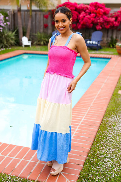 Vacay Vibes Hot Pink & Blue Smocked Color Block Maxi Dress - Online Only!