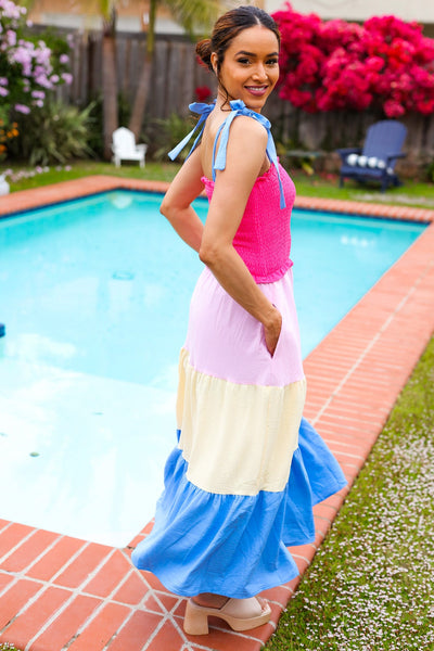 Vacay Vibes Hot Pink & Blue Smocked Color Block Maxi Dress - Online Only!