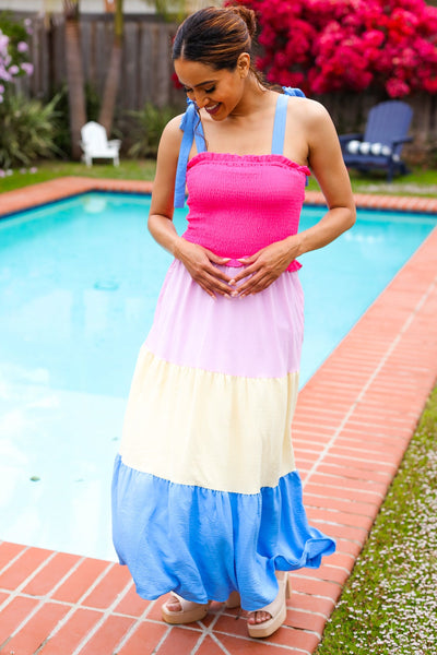 Vacay Vibes Hot Pink & Blue Smocked Color Block Maxi Dress - Online Only!