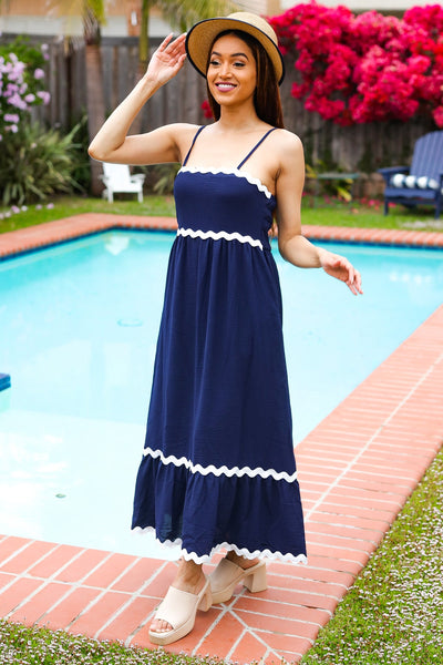 Bold & Sassy Navy Square Neck Ric Rac Trim Adjustable Straps Maxi - Online Only!