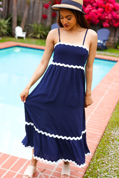 Bold & Sassy Navy Square Neck Ric Rac Trim Adjustable Straps Maxi - Online Only!