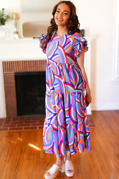 Feel Your Best Purple Abstract Print Smocked Ruffle Sleeve Maxi Dress - Online Only!