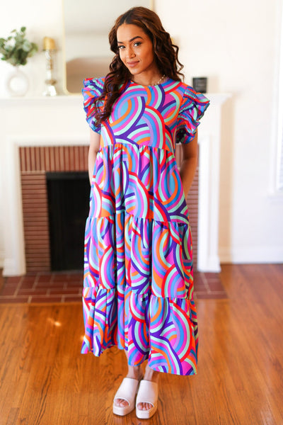 Feel Your Best Purple Abstract Print Smocked Ruffle Sleeve Maxi Dress - Online Only!