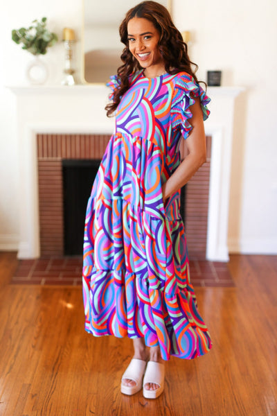 Feel Your Best Purple Abstract Print Smocked Ruffle Sleeve Maxi Dress - Online Only!
