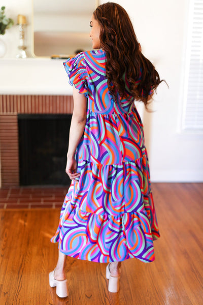 Feel Your Best Purple Abstract Print Smocked Ruffle Sleeve Maxi Dress - Online Only!