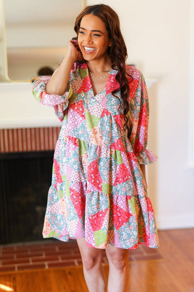 Look Of Love Lime & Coral Patchwork Print V Neck Dress - Online Only!