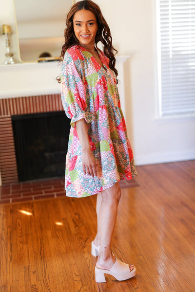 Look Of Love Lime & Coral Patchwork Print V Neck Dress - Online Only!