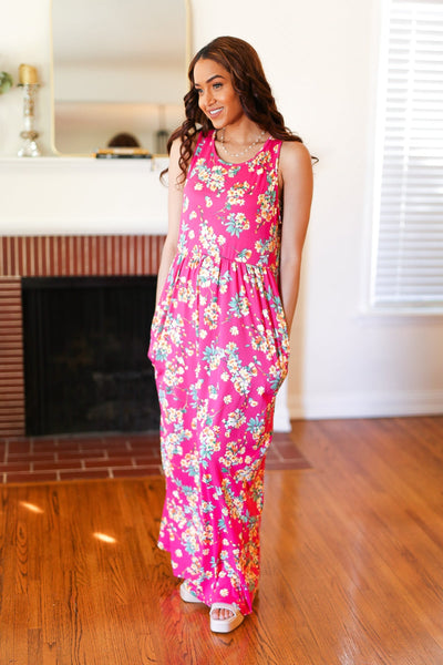 Pink Floral Print Fit and Flare Sleeveless Maxi Dress - Online Only!