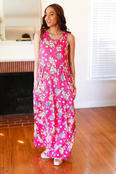 Pink Floral Print Fit and Flare Sleeveless Maxi Dress - Online Only!