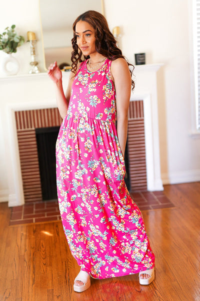 Pink Floral Print Fit and Flare Sleeveless Maxi Dress - Online Only!