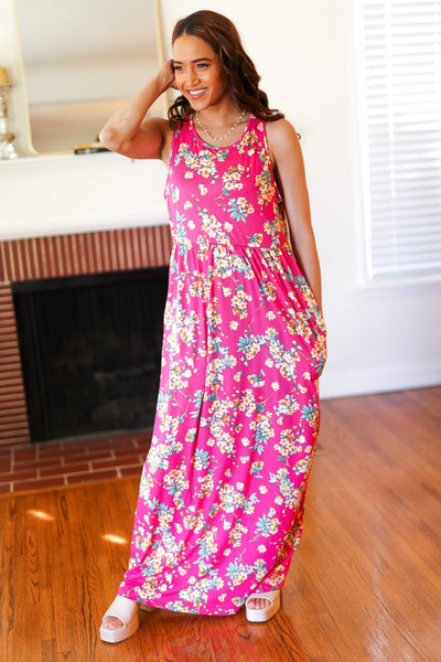 Pink Floral Print Fit and Flare Sleeveless Maxi Dress - Online Only!