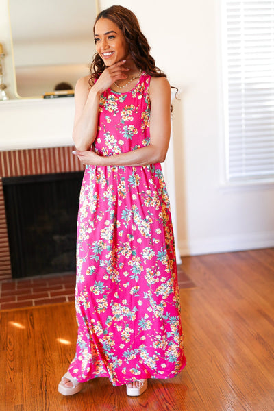 Pink Floral Print Fit and Flare Sleeveless Maxi Dress - Online Only!