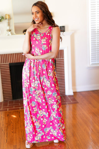 Pink Floral Print Fit and Flare Sleeveless Maxi Dress - Online Only!