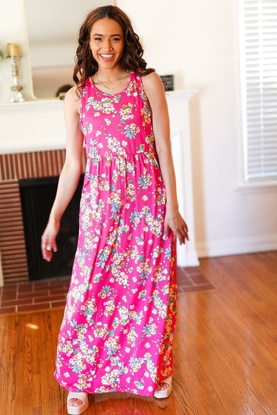 Pink Floral Print Fit and Flare Sleeveless Maxi Dress - Online Only!