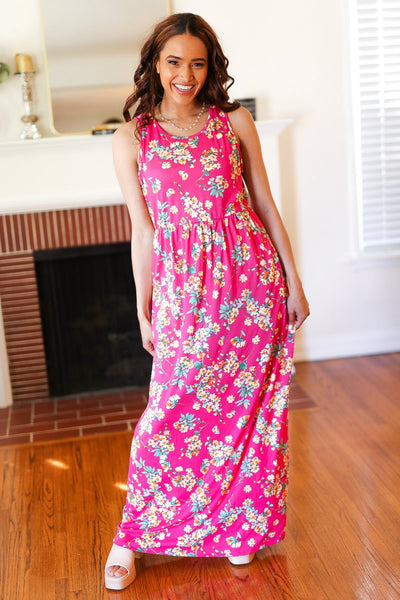 Pink Floral Print Fit and Flare Sleeveless Maxi Dress - Online Only!