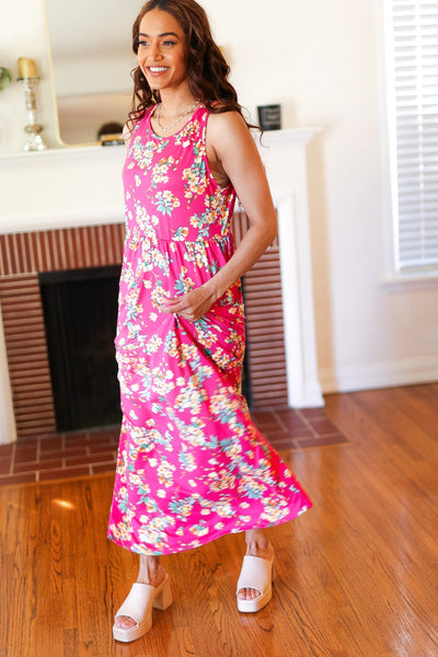 Pink Floral Print Fit and Flare Sleeveless Maxi Dress - Online Only!