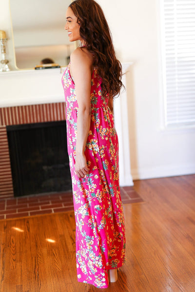 Pink Floral Print Fit and Flare Sleeveless Maxi Dress - Online Only!