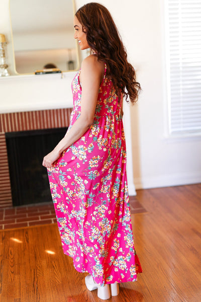 Pink Floral Print Fit and Flare Sleeveless Maxi Dress - Online Only!